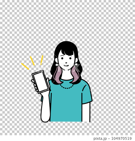 スマートフォンを持つ笑顔のシンプルな女性のイラスト スマートフォンを持つ笑顔のシンプルな女性のイラスト 104970519