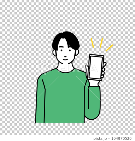 Illustration of a smiling simple man holding a smartphone Illustration of a smiling simple man holding a smartphone 104970520