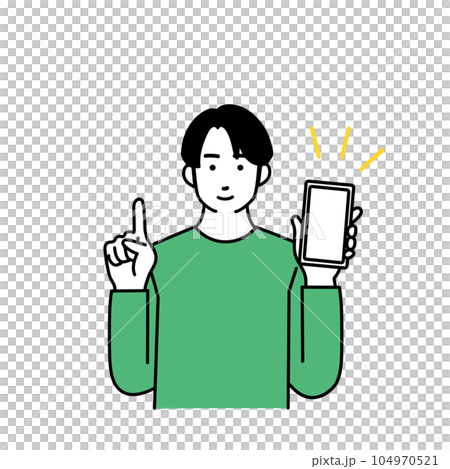 Illustration of a simple man with a pointing pose holding a smartphone Illustration of a simple man with a pointing pose holding a smartphone 104970521