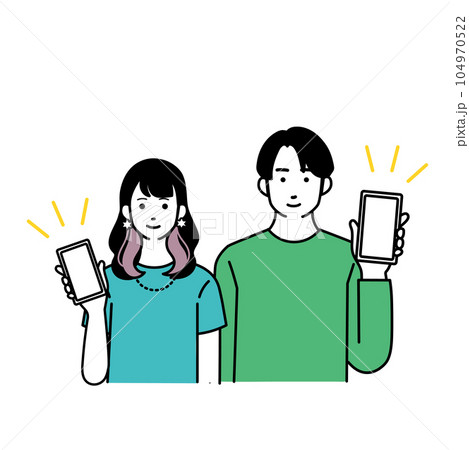 スマートフォンを持つ笑顔のシンプルな男女のイラスト 104970522