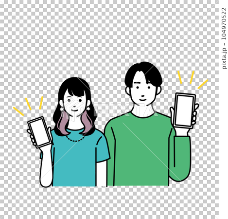 スマートフォンを持つ笑顔のシンプルな男女のイラスト 104970522