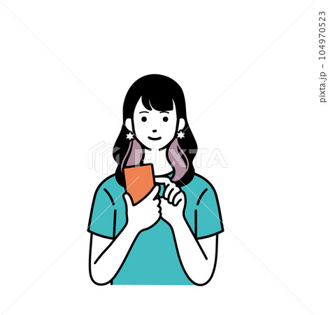 スマートフォンを持つ笑顔のシンプルな女性のイラスト スマートフォンを持つ笑顔のシンプルな女性のイラスト 104970523