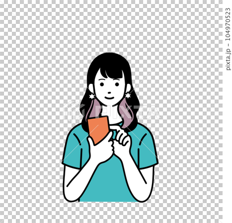 スマートフォンを持つ笑顔のシンプルな女性のイラスト スマートフォンを持つ笑顔のシンプルな女性のイラスト 104970523