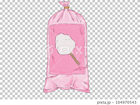 ピンク色の袋に入ったわたあめのイラスト(水彩風) ピンク色の袋に入ったわたあめのイラスト(水彩風) 104970543
