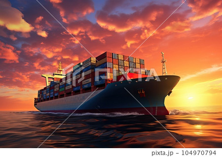 Container ship at sunset. Sea freight is one of the most important engines of the modern economy. 104970794