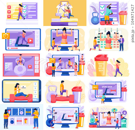 Fitness online course concept. People doing exercise at home in online classes using internet 104971427