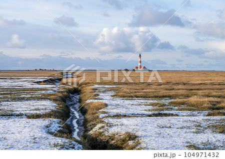 Lighthouse of Westerhever, North Frisia, Germany Lighthouse of Westerhever, North Frisia, Germany 104971432