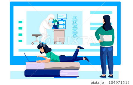 The girl works on a laptop. Woman is looking at the screen. Video with a scientist with a microscope The girl works on a laptop. Woman is looking at the screen. Video with a scientist with a microscope 104971513