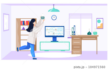 Scientist in medical office. Woman in white coat, medical worker or chemical researcher with flask Scientist in medical office. Woman in white coat, medical worker or chemical researcher with flask 104971560