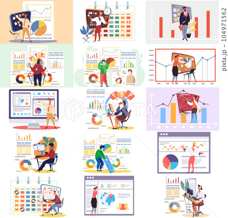 Office worker presents a report near information poster with digital indicators and charts Office worker presents a report near information poster with digital indicators and charts 104971562