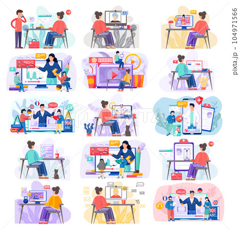 Online learning, video blog about cooking, medicine, learning languages. People study remotely Online learning, video blog about cooking, medicine, learning languages. People study remotely 104971566