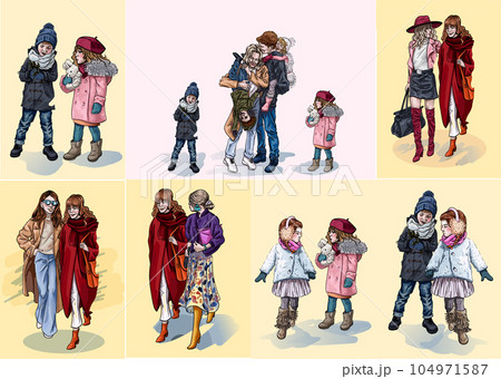 Girlfriends walk in fashionable clothes down the street. Children dressed in warm clothes walking 104971587