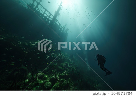 Diver in front of the sunken hull. Diver in front of the sunken hull. 104971704