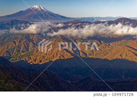 西丹沢・檜洞丸から見る朝の富士山と紅葉の山並み 西丹沢・檜洞丸から見る朝の富士山と紅葉の山並み 104971726
