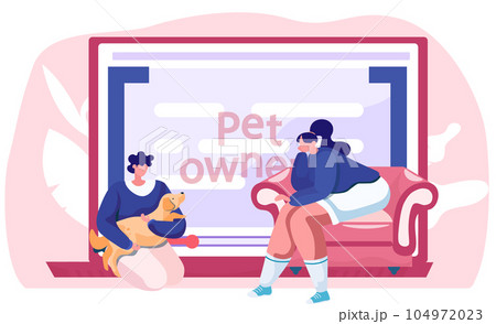 Video blog for pet owners, women near computer screen with tutorial about keeping dogs at home 104972023
