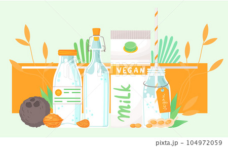 Veganism concept. Vegetarian almond, soya and coconut milk. Plant-based drinks. Vegan milk 104972059