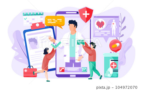 Phone screen with an image of the doctor. Students during an online medicine lesson via the Internet Phone screen with an image of the doctor. Students during an online medicine lesson via the Internet 104972070
