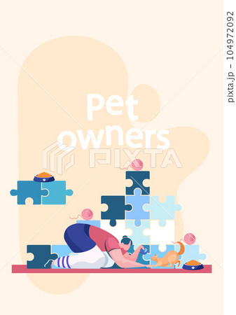 Pet owners vertical poster with lettering. Young girl squatted down playing with her ginger cat 104972092