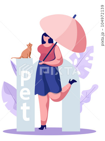Pet care, happy woman under umbrella with cat, cute animal and owner stands before the big letter 104972139