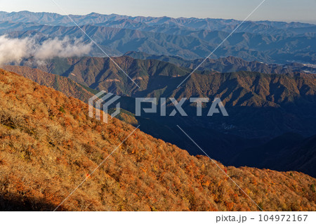 朝の丹沢山地・檜洞丸から見る奥多摩の山並み 104972167
