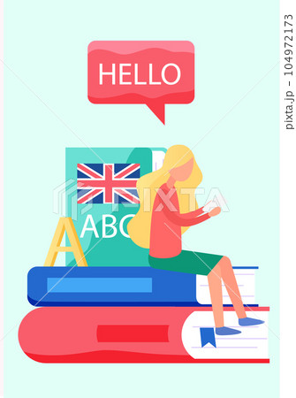 Translation service concept. Multilanguage dictionary. Woman working on translation of texts 104972173