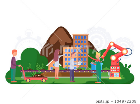 Environmental conservation concept with people involved in nature working on the conveyor with robot Environmental conservation concept with people involved in nature working on the conveyor with robot 104972209