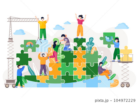 A group of people does a puzzle on a background of leaves. People work at a construction site A group of people does a puzzle on a background of leaves. People work at a construction site 104972229