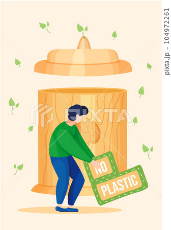No plastic concept. Large wooden container. The man holds inscription. Production of items from wood 104972261