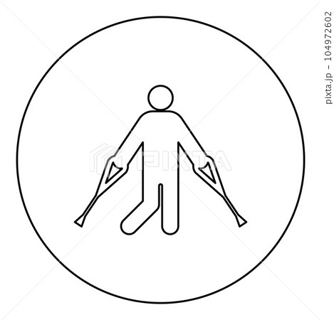 Man with crutchs crutches broken leg in cast gypsum bone injury fracture icon in circle round black color vector illustration image outline contour line thin style 104972602
