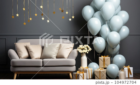 Festive background. Interior with balloons and gift boxes. 104972704