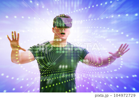 Metaverse concept with man and virtual reality glasses Metaverse concept with man and virtual reality glasses 104972729