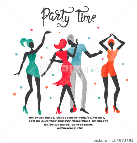 Group of dancing people. Watercolor party vector illustration 104973492