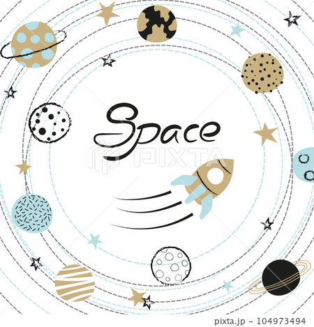 Space kids vector illustration with hand drawn planets and rocket 104973494