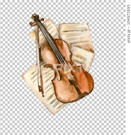 Old violin lies on paper with notes. Perfect for wedding, invitations, blogs, card templates, birthday and baby cards, patterns, quotes. 104973893