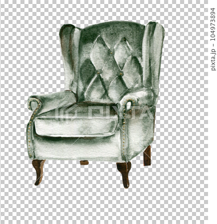 Watercolor old green velvet armchair. Perfect for wedding, invitations, blogs, card templates, birthday and baby cards, patterns, quotes. 104973894