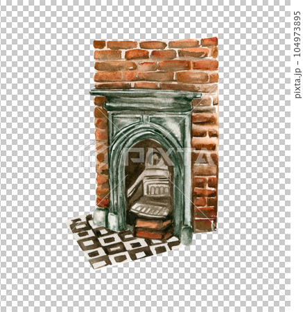 Watercolor old green wood brick fireplace. Perfect for wedding, invitations, blogs, card templates, birthday and baby cards, patterns, quotes. 104973895