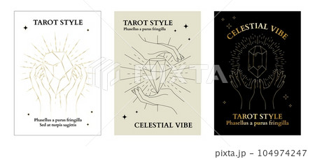 Tarot style banners. Boho line art. Shiny gemstone in arms. Hand palms holding precious gems. Brilliant crystals. Celestial mystic stars. Magic and alchemy. Spiritual diamond. Vector cards design set Tarot style banners. Boho line art. Shiny gemstone in arms. Hand palms holding precious gems. Brilliant crystals. Celestial mystic stars. Magic and alchemy. Spiritual diamond. Vector cards design set 104974247