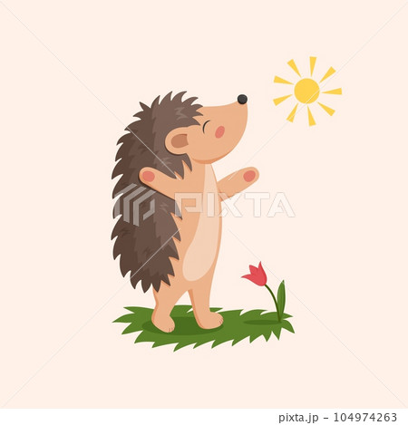 Happy hedgehog. Cute adorable forest animal on meadow. Porcupine character, Baby animal nursery decor or childish print. Wild creature with needles. Cartoon flat isolated vector woodland illustration Happy hedgehog. Cute adorable forest animal on meadow. Porcupine character, Baby animal nursery decor or childish print. Wild creature with needles. Cartoon flat isolated vector woodland illustration 104974263