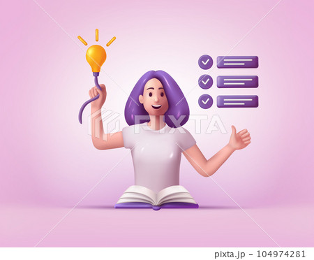 3D work character. Woman person with task from entrepreneurs. Idea light bulb. Project planning. Decision searching. Happy human with done goals list. Render people. Vector exact success illustration 104974281