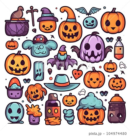 halloween element doodle icon set generative AI. 104974480