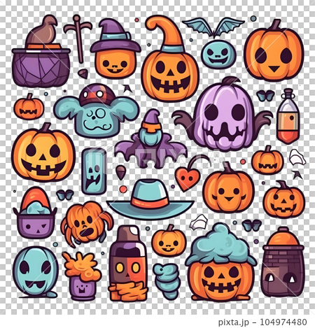 halloween element doodle icon set generative AI. 104974480