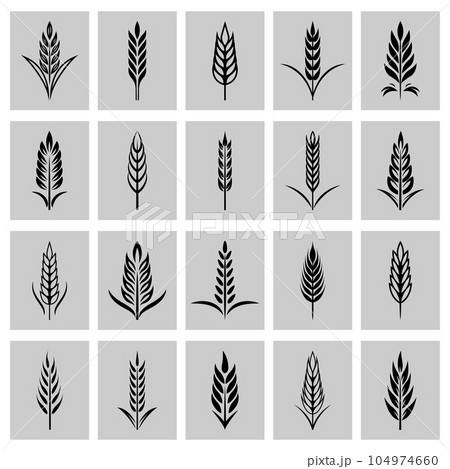 Flat Vector Black and White Agriculture Wheat Icon Set, Organic Wheat, Rice Ears, Isolated. Design Template for Bread, Beer Logo, Packaging, Labels Flat Vector Black and White Agriculture Wheat Icon Set, Organic Wheat, Rice Ears, Isolated. Design Template for Bread, Beer Logo, Packaging, Labels 104974660