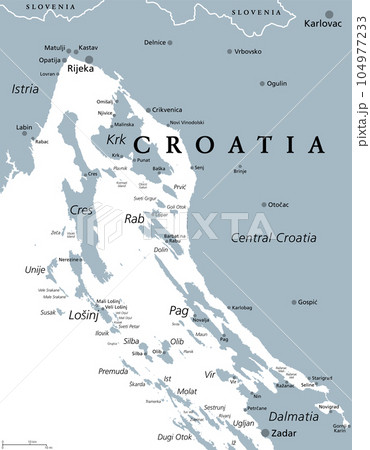 Kvarner Gulf, part of internal waters of Croatia, gray political map. Also known as Kvarner Bay in the northern Adriatic Sea, located between Istrian peninsula and northern Croatian Littoral mainland. 104977233