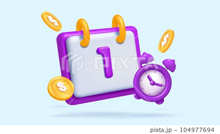 3D calendar. Time management icons. Money for office event. Coin and month schedule. Week planner. Alarm clock. Render organizer. Agenda planning. Finance deadline reminder. Vector concept 3D calendar. Time management icons. Money for office event. Coin and month schedule. Week planner. Alarm clock. Render organizer. Agenda planning. Finance deadline reminder. Vector concept 104977694