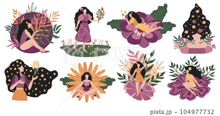 Woman with flowers. Mental health Day. Beauty and relax. Happy female dreams with book. Freedom girl in nature. Yoga meditation. Blooms and leaves. Vector flat cartoon characters set Woman with flowers. Mental health Day. Beauty and relax. Happy female dreams with book. Freedom girl in nature. Yoga meditation. Blooms and leaves. Vector flat cartoon characters set 104977732