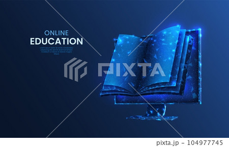 Digital learn. Online library. Electronic book. E-learning technology in computer. Science study in school. Smart training. Read literature. Education concept. Vector background design 104977745