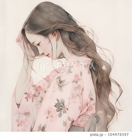 浴衣を着た女性の横顔「AI生成画像」のイラスト素材 [104978397