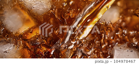 Pouring of Cola and Ice. Cola soda and ice splashing fizzing or floating up to top of surface. Close up of ice in cola water. Texture of carbonate drink with bubbles in glass. Cold drink background Pouring of Cola and Ice. Cola soda and ice splashing fizzing or floating up to top of surface. Close up of ice in cola water. Texture of carbonate drink with bubbles in glass. Cold drink background 104978467