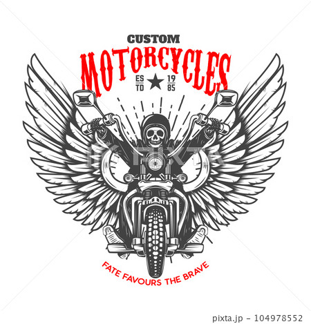 Custom motorcycles. Emblem template with skeleton on winged motorcycle. Design element for logo, label, sign, emblem, poster. Vector illustration Custom motorcycles. Emblem template with skeleton on winged motorcycle. Design element for logo, label, sign, emblem, poster. Vector illustration 104978552