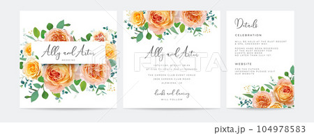 Floral square wedding invite, details card. Peach orange, yellow color rose flowers, green eucalyptus branches, leaves bouquet. Watercolor style bright editable vector illustration. Chic template set 104978583